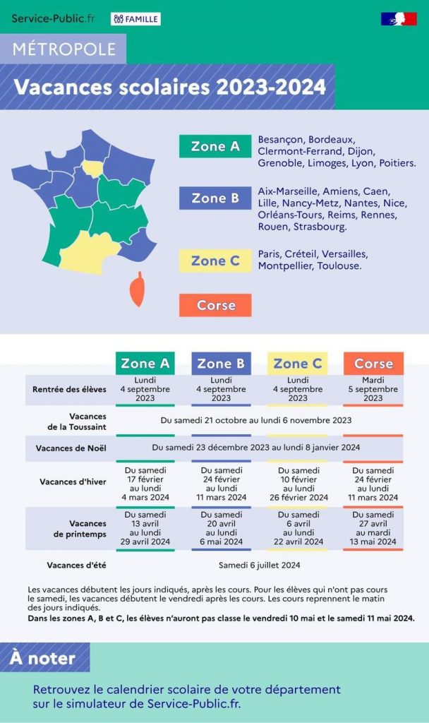 Schulferien Frankreich Schuljahr 2023-2024 Sommerferien weihnachten